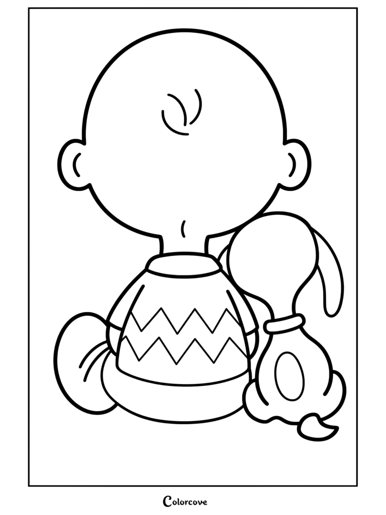Charlie brown vu de dos portant une chemise jaune en zigzag assis avec snoopy, page de coloriage terminée pour les fans de Peanuts