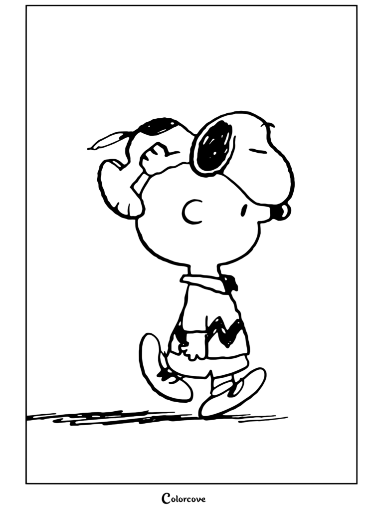 Page de coloriage de Charlie Brown marchant avec Peanuts allongé sur sa tête tirée de Peanuts