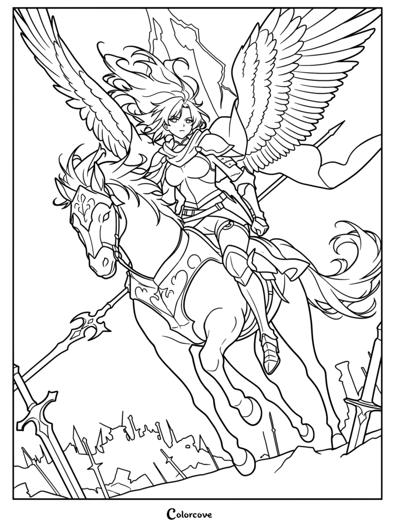 A winged knight in armor riding a Pegasus over a battlefield, line art coloring page.
