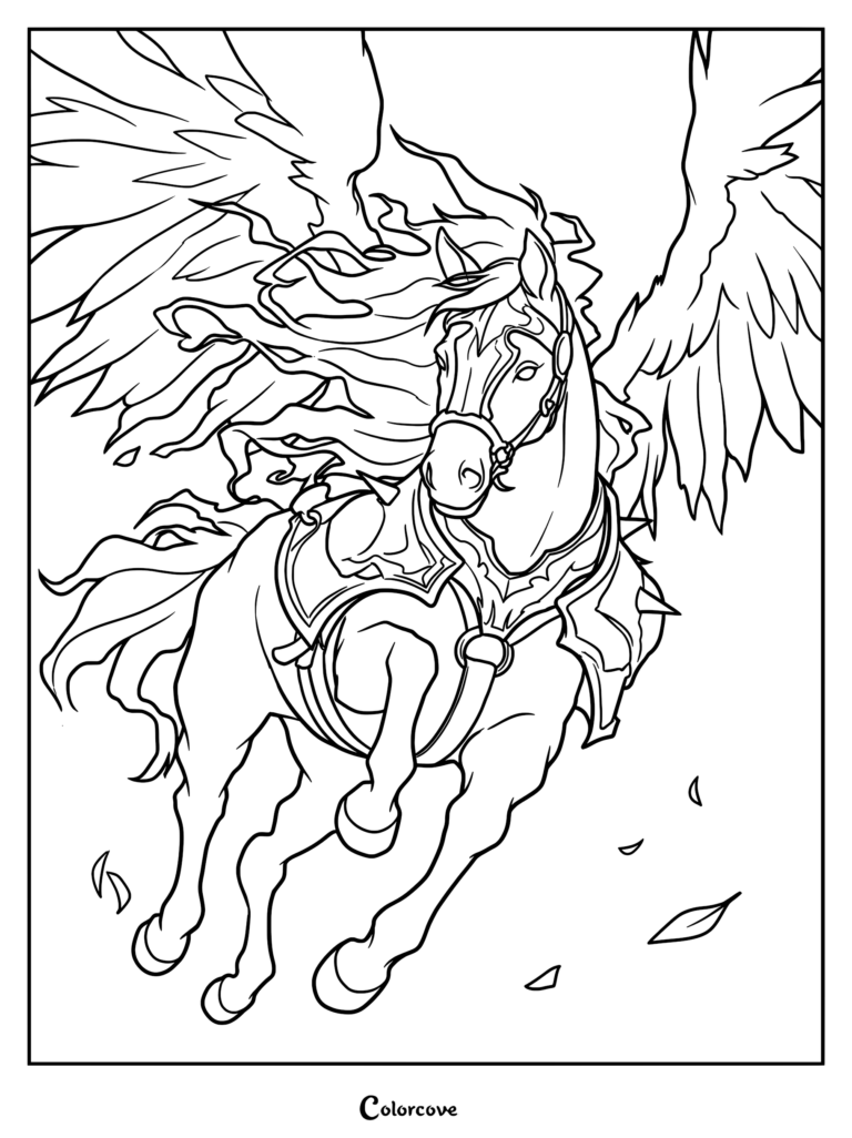 A majestic Pegasus wearing ornate armor and a bridle flying through the air, featured in a detailed line art coloring page.