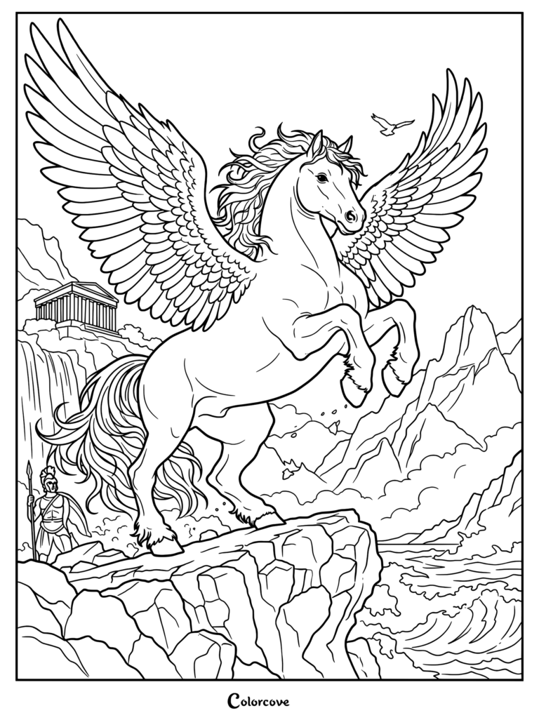 Pegasus rearing on a rocky cliff with a Greek warrior and temple in the background, printable coloring page.