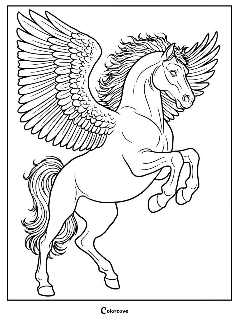 A majestic Pegasus rearing up with large feathered wings spread wide in this detailed black and white coloring page.