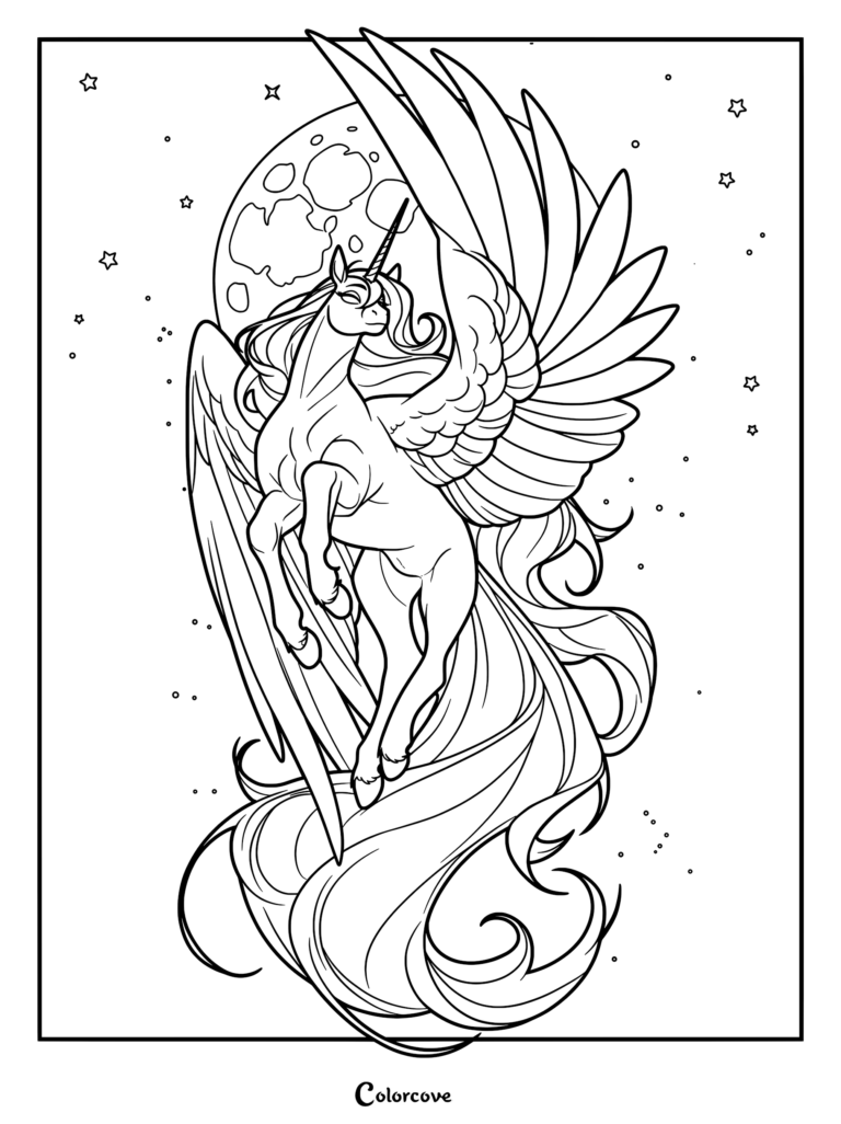 A majestic Pegasus unicorn with large wings and a long flowing mane flying in front of a full moon, starry night sky coloring page.
