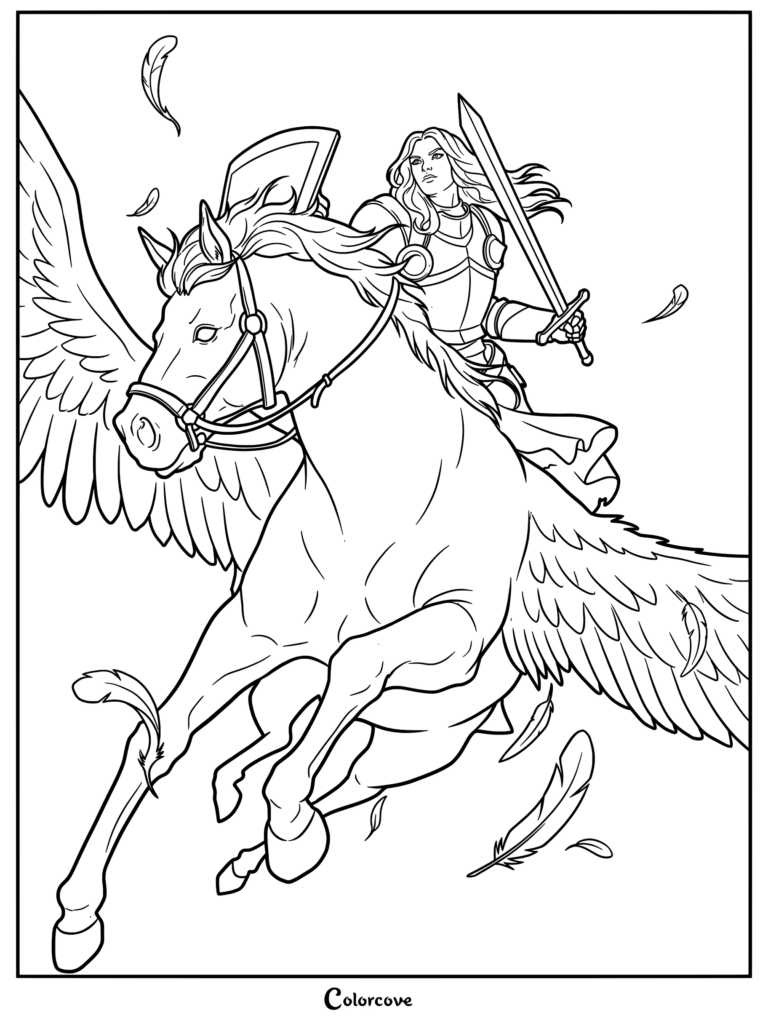 A female warrior in armor holding a sword while riding a flying Pegasus, featured in a detailed line art coloring page with falling feathers.