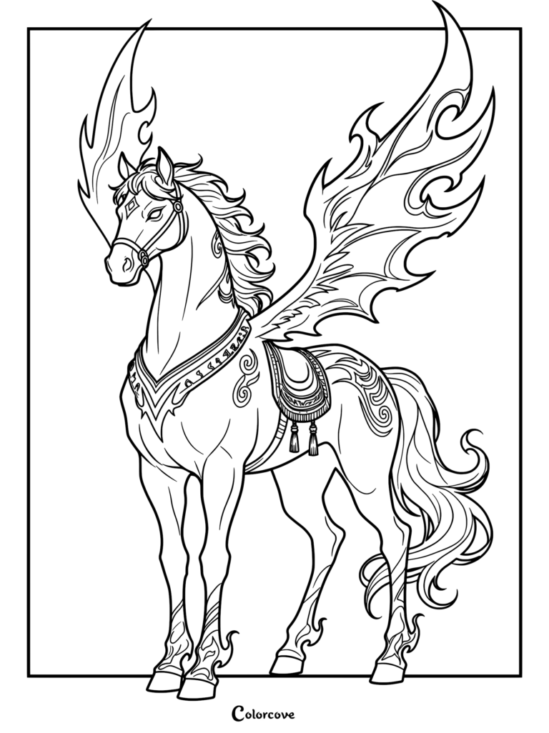 A detailed coloring page of a Pegasus featuring ornate saddle gear and large, flame-shaped wings standing in profile.