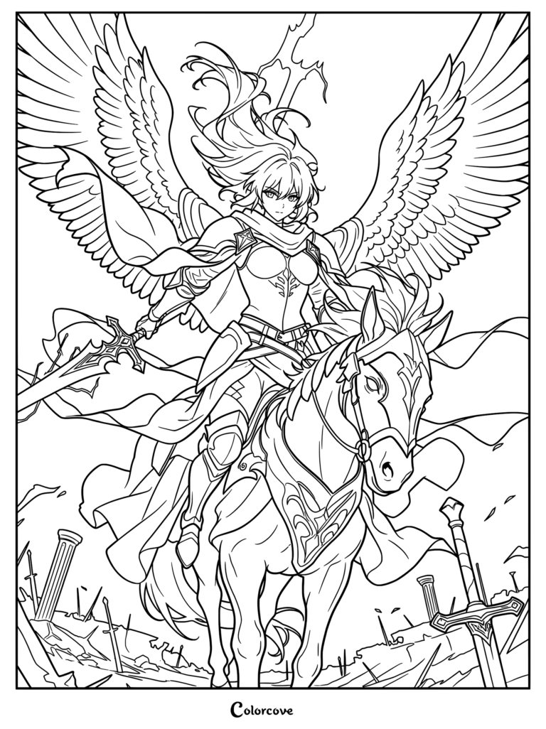 A female warrior with large feathered wings riding a Pegasus while holding a sword, depicted in a detailed line art coloring page style.