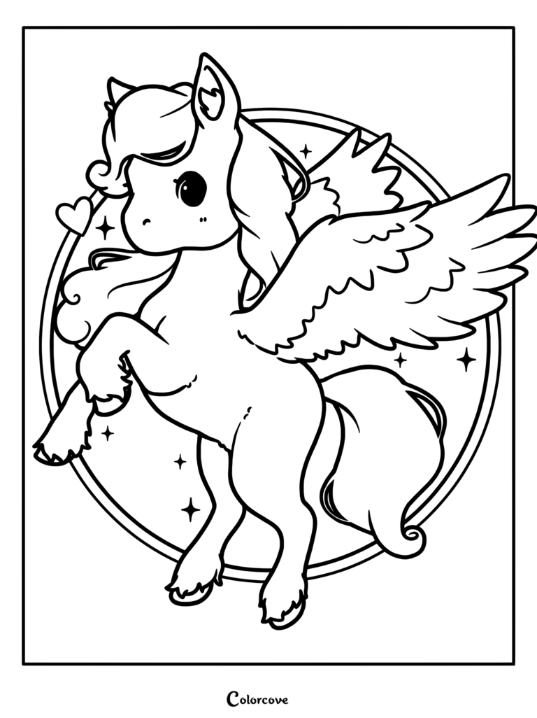 A cute chibi Pegasus with large eyes and wings rearing up inside a circular frame with stars and a heart, line art coloring page.
