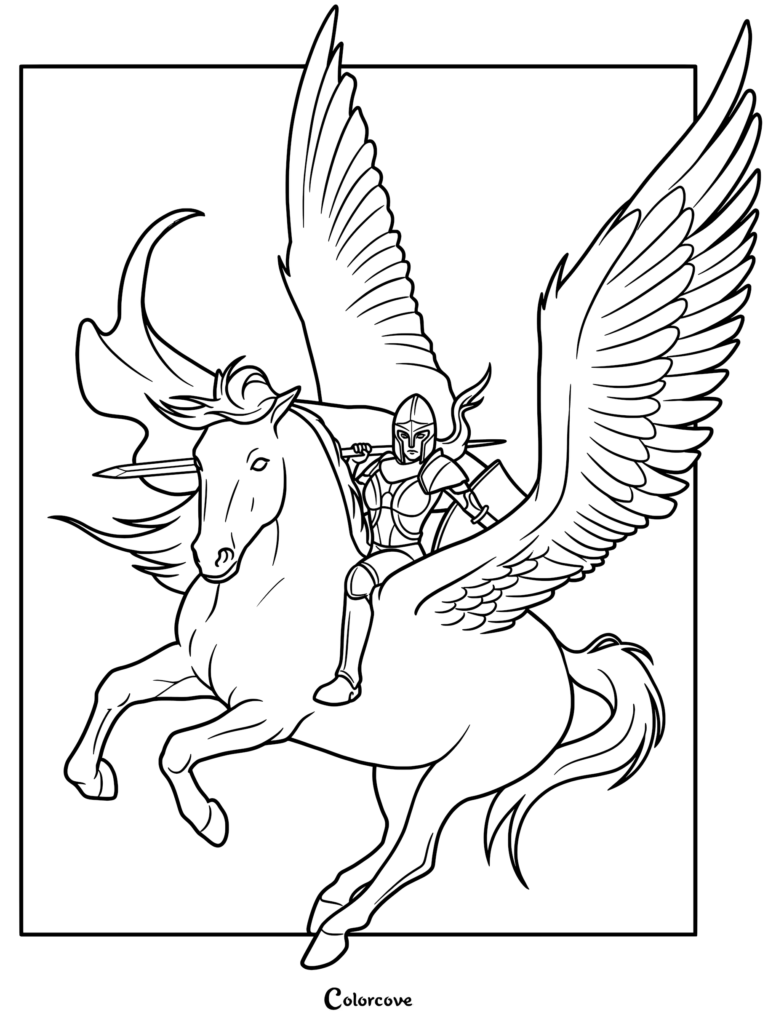 A knight in full armor riding a winged Pegasus in this printable coloring page.