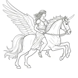 a drawing of a woman riding a unicorn