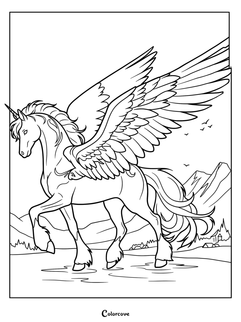 A majestic Pegasus with a single horn and large feathered wings standing in a shallow stream with mountains in the background, presented as a detailed line art coloring page.