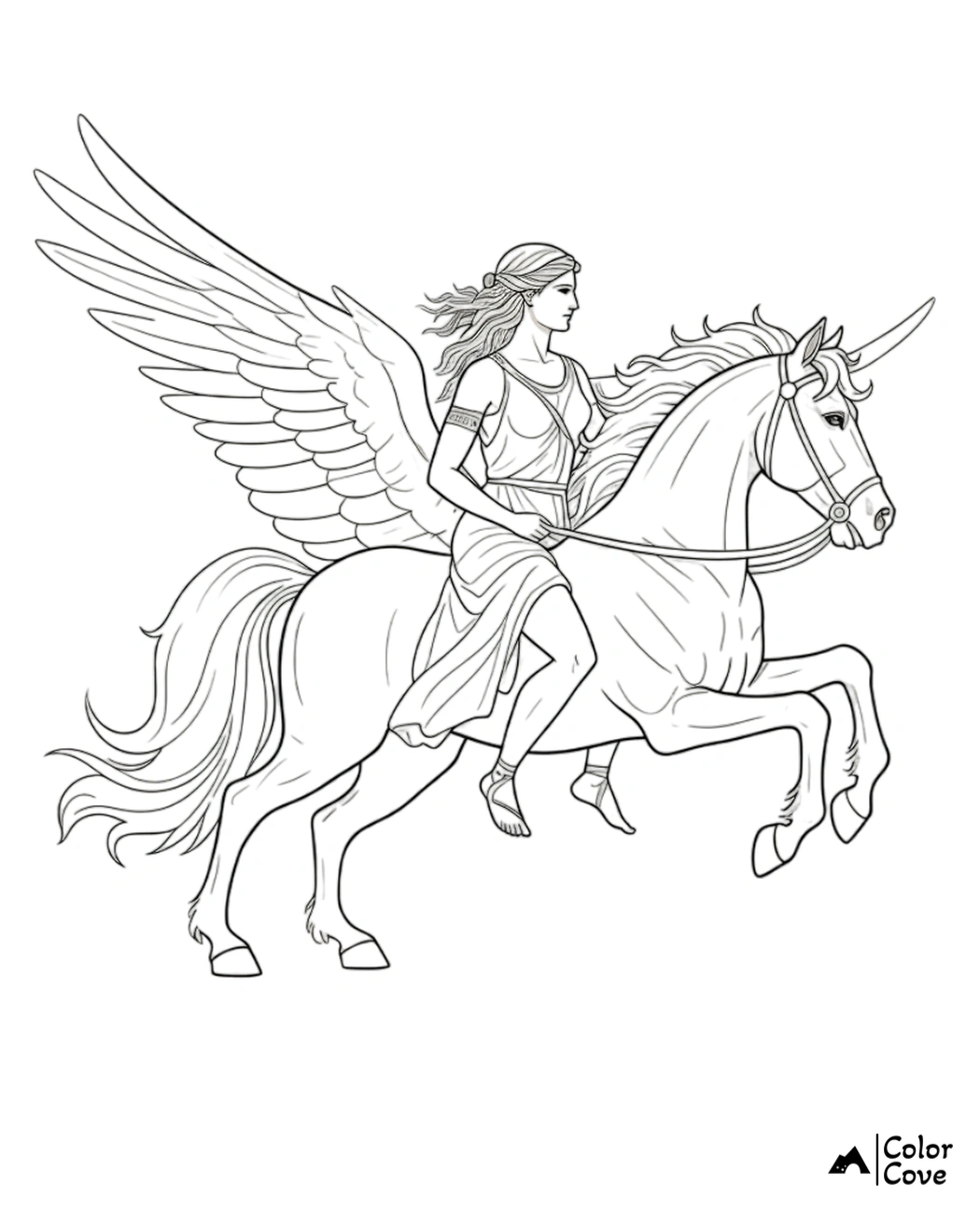 a drawing of a woman riding a unicorn