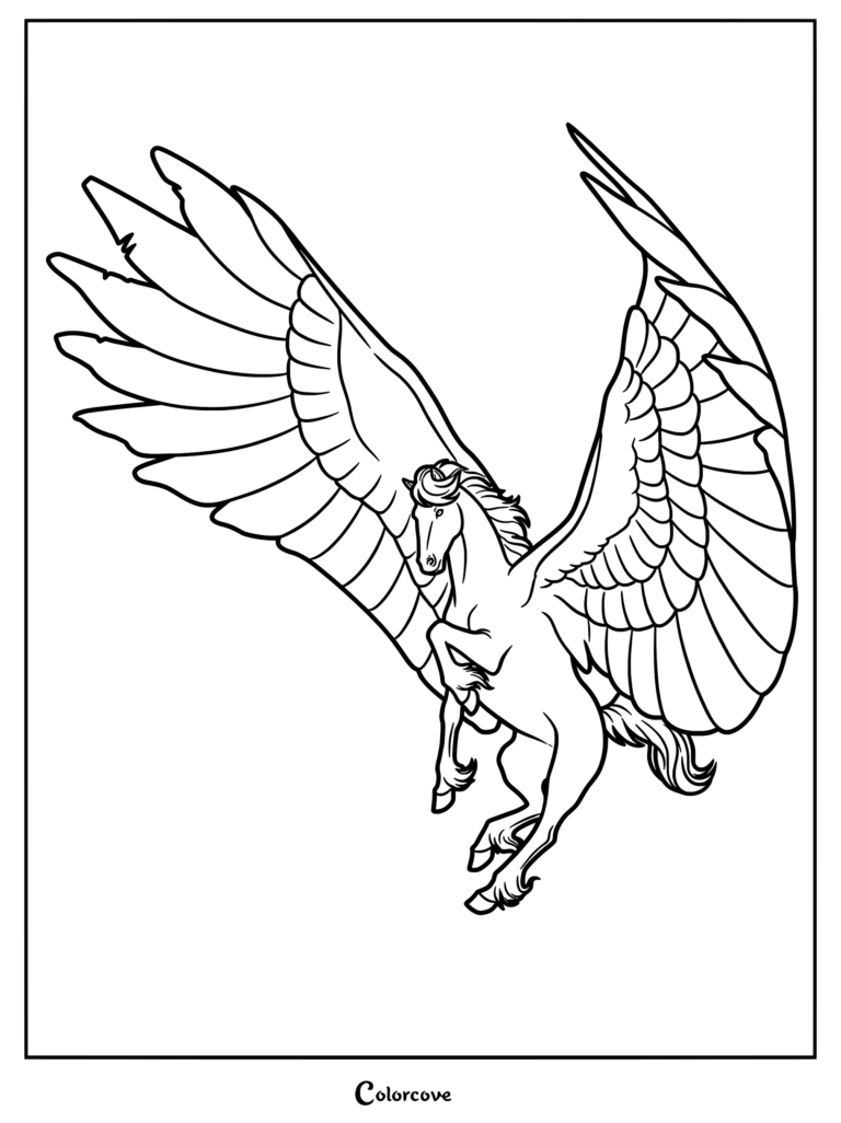 A majestic Pegasus with large, detailed feathered wings spread wide in flight, featured on a printable coloring page.
