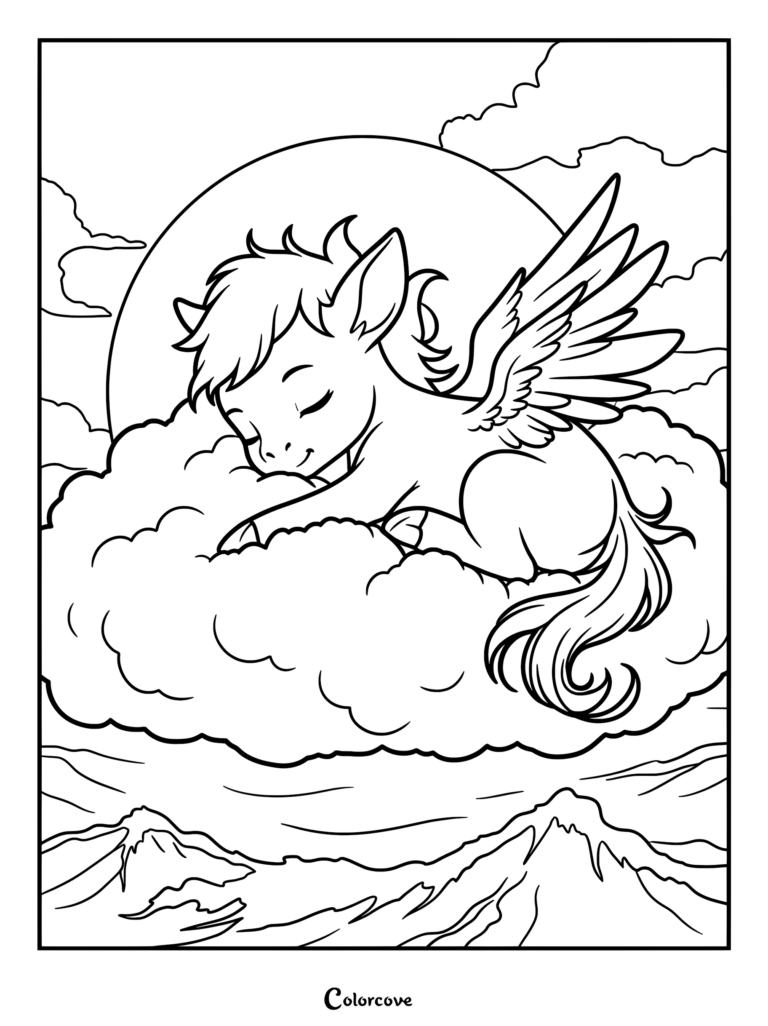 A cute baby Pegasus sleeping peacefully on a fluffy cloud with a full moon in the background, line art coloring page.