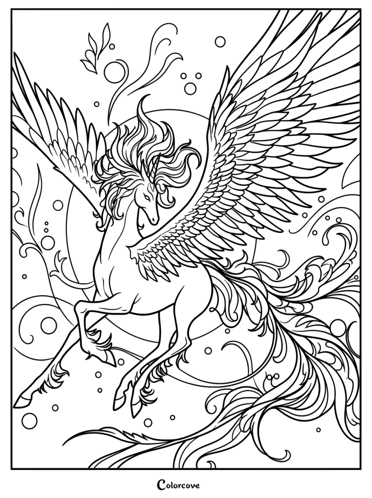 A detailed coloring page featuring a winged Pegasus with a flowing mane and tail, soaring in front of a circular moon surrounded by decorative swirls and bubbles.