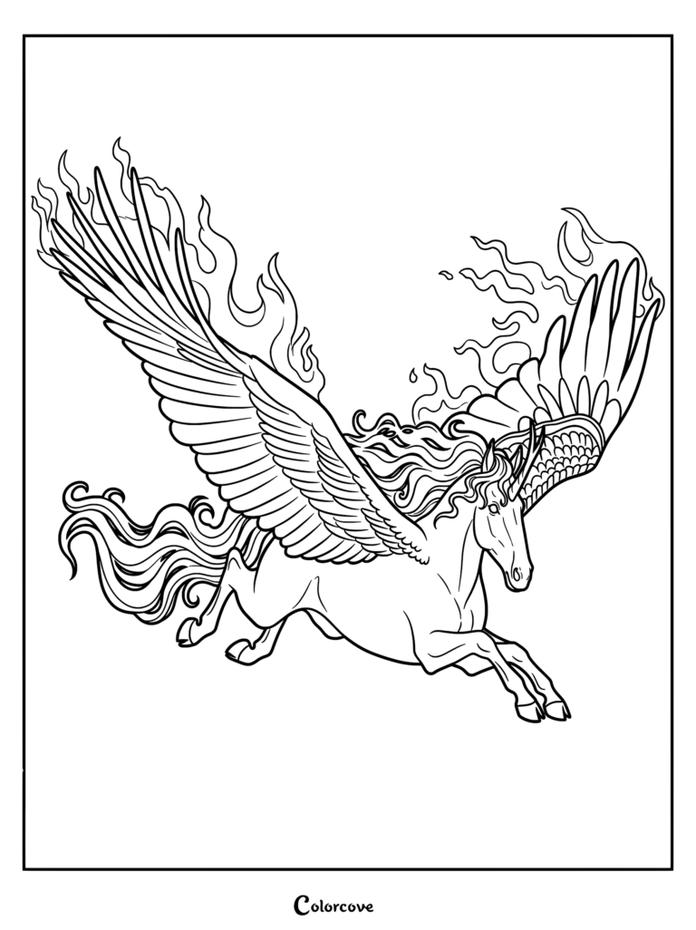 A majestic Pegasus with large feathered wings and a flowing mane surrounded by stylized flames in this detailed coloring page.