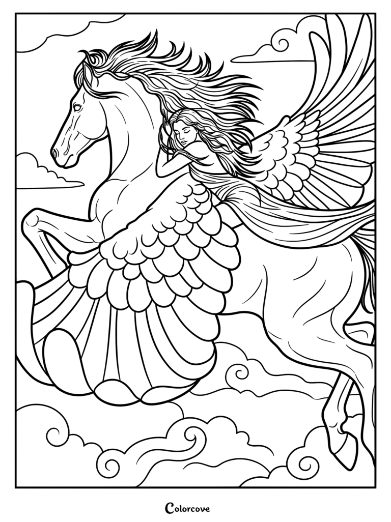 A woman with long hair resting on the back of a flying Pegasus in this detailed coloring page.