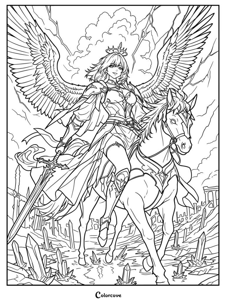 A winged female warrior with a sword riding a Pegasus through a crystal landscape in this detailed coloring page.