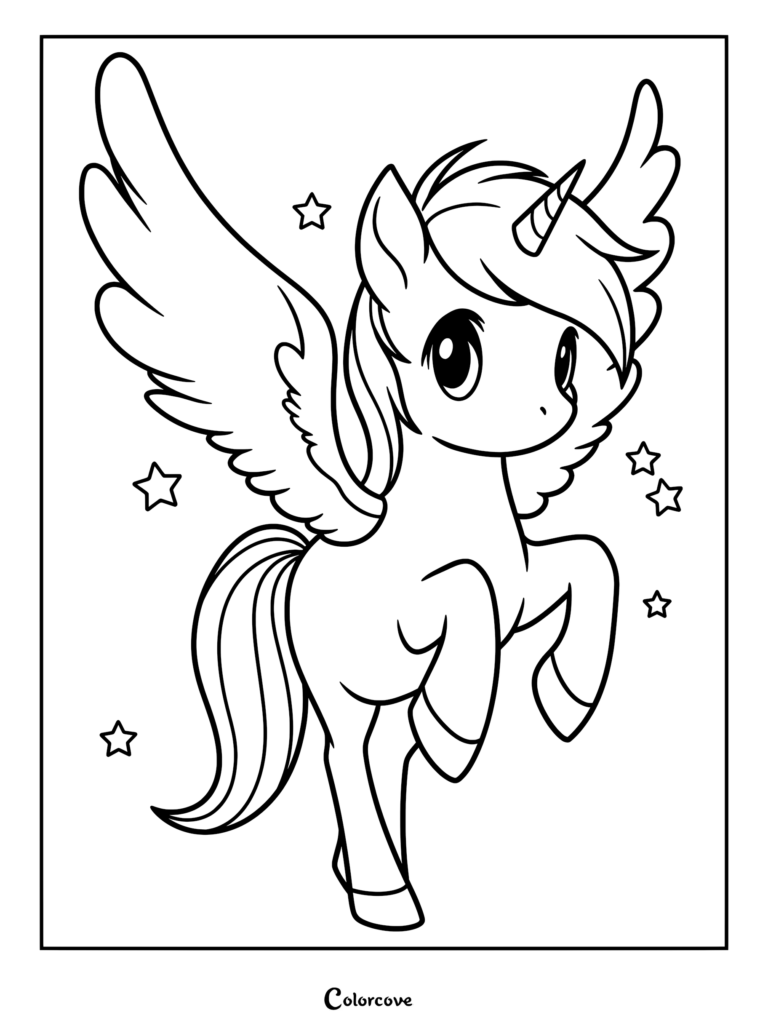 A cute Pegasus unicorn with a horn and wings flying among stars in this printable coloring page.