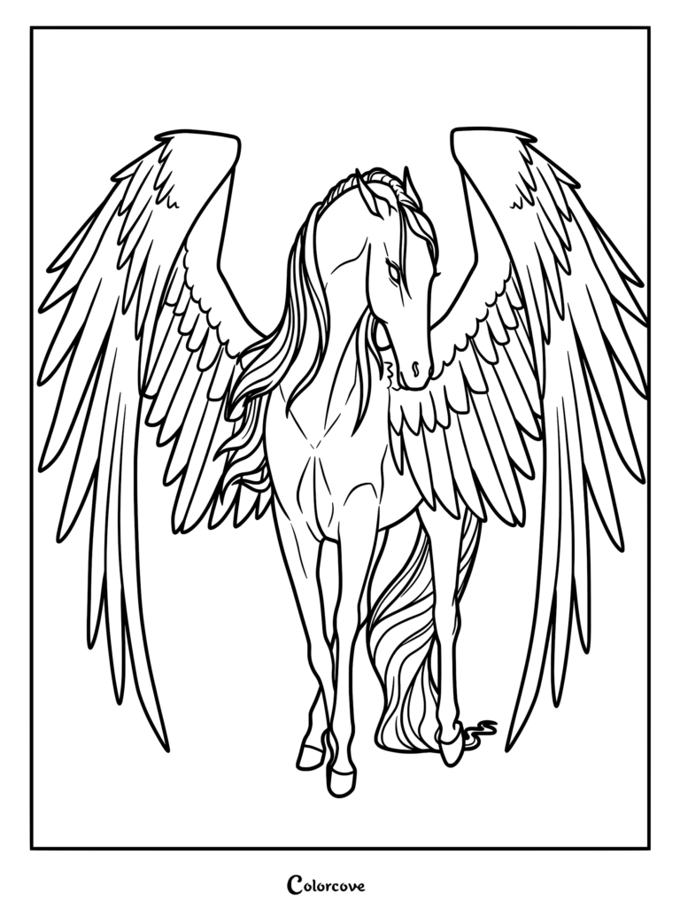 A detailed coloring page featuring a majestic Pegasus standing with large, feathered wings fully spread and a flowing mane.