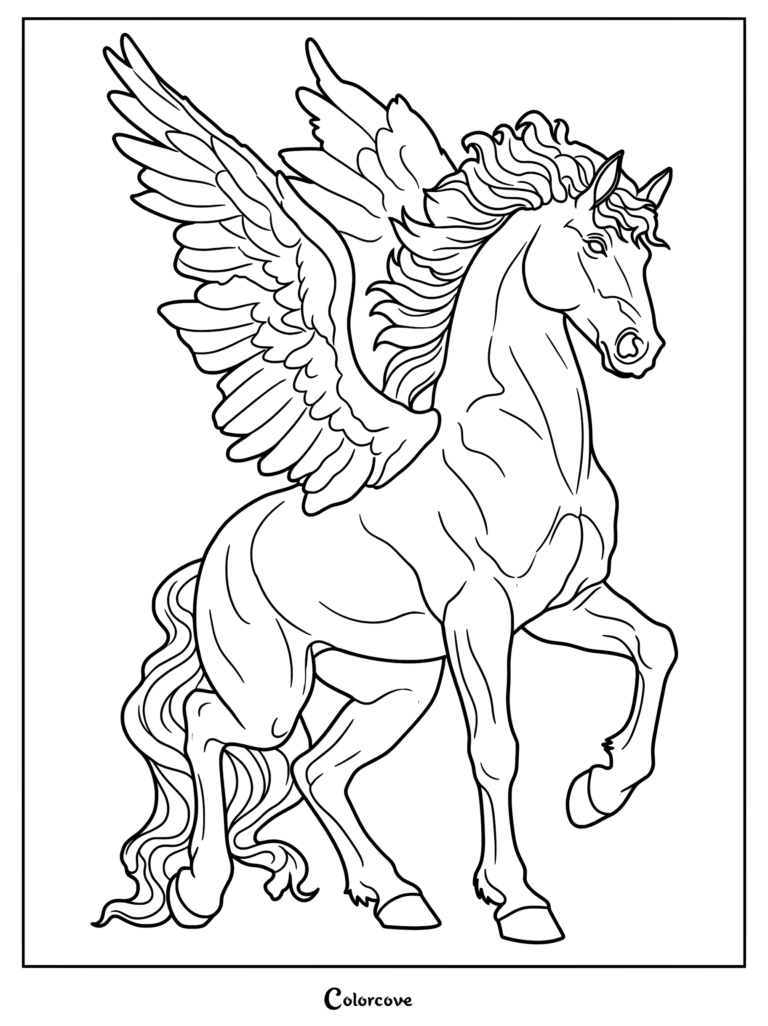 A detailed line art coloring page of a majestic Pegasus with large feathered wings and a flowing mane standing in a proud pose.