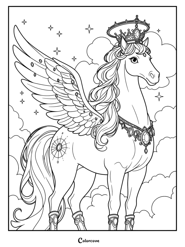 A regal Pegasus wearing a jeweled crown and necklace standing among clouds and stars in this detailed coloring page.