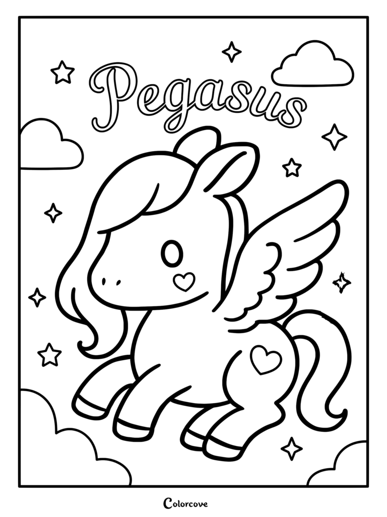 A cute chibi Pegasus with heart markings flying among stars and clouds in this printable coloring page.