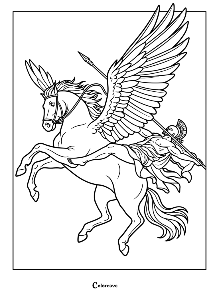 Bellerophon in a Greek helmet riding a rearing Pegasus with large wings, holding a long spear in this detailed coloring page.