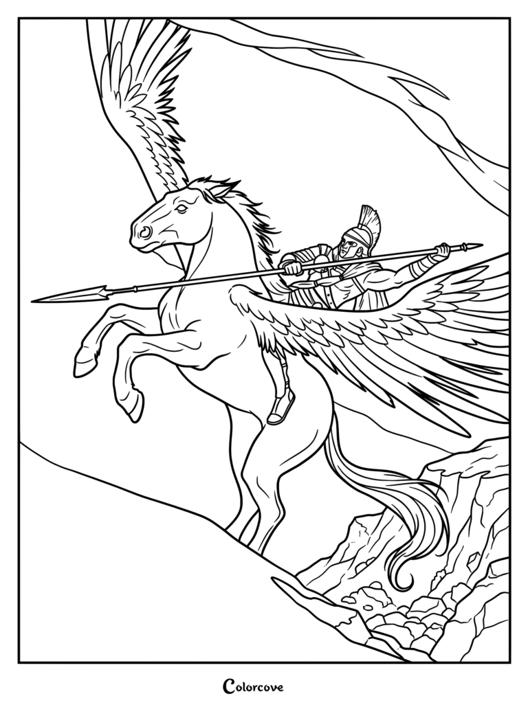 Bellerophon in a Greek helmet riding a rearing Pegasus with large wings while holding a spear in this printable coloring page.