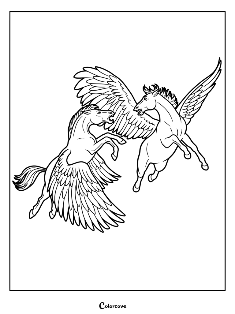 Two winged Pegasus horses rearing up and facing each other in a dynamic battle pose on a printable coloring page.