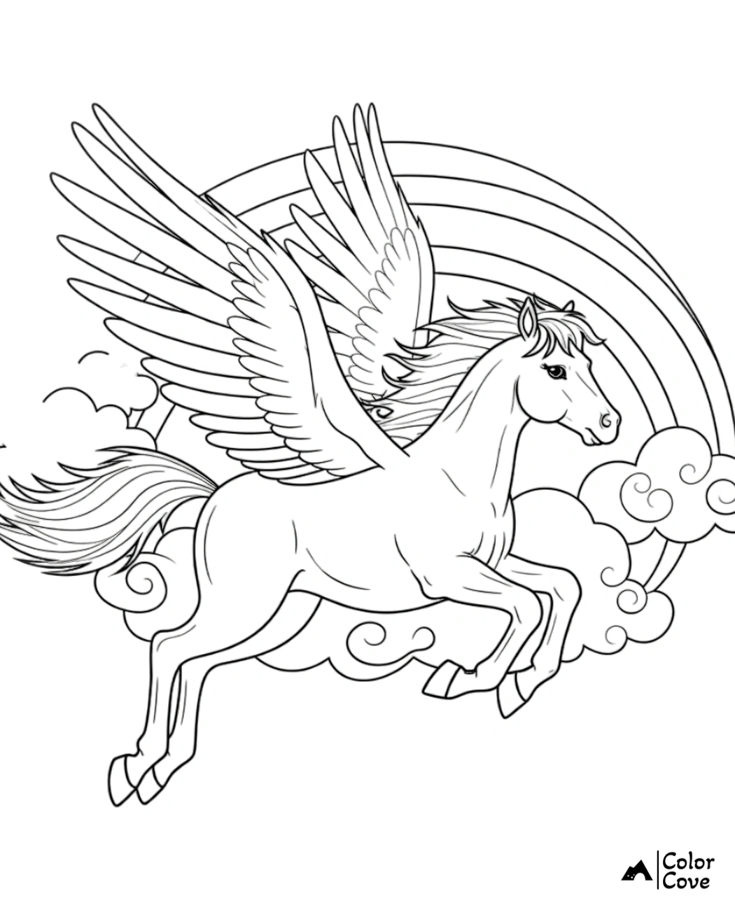 a drawing of a horse with wings and clouds