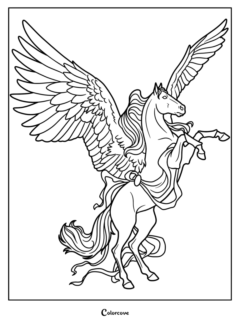 A majestic Pegasus rearing up on its hind legs, featuring large feathered wings and an ornate decorative harness, presented as a detailed line art coloring page.