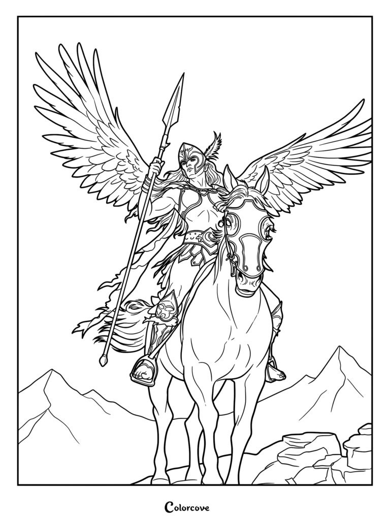 A winged warrior in armor holding a spear while riding a majestic Pegasus in this detailed coloring page.