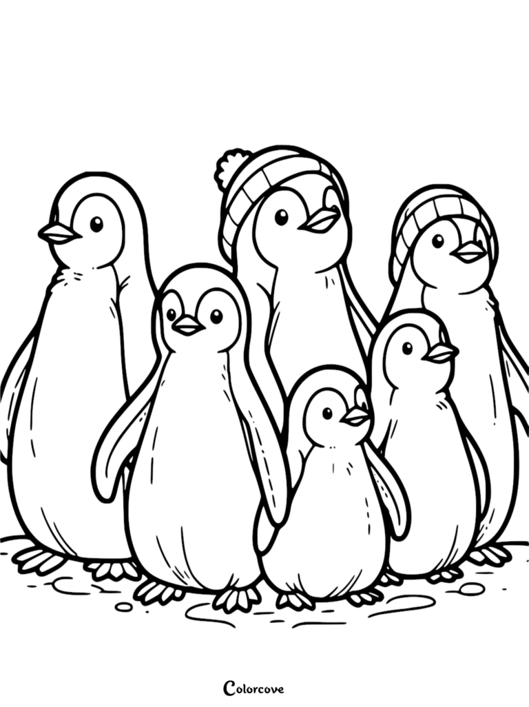 A group of five adorable penguins standing together, some wearing winter beanies, in a simple line art coloring page.