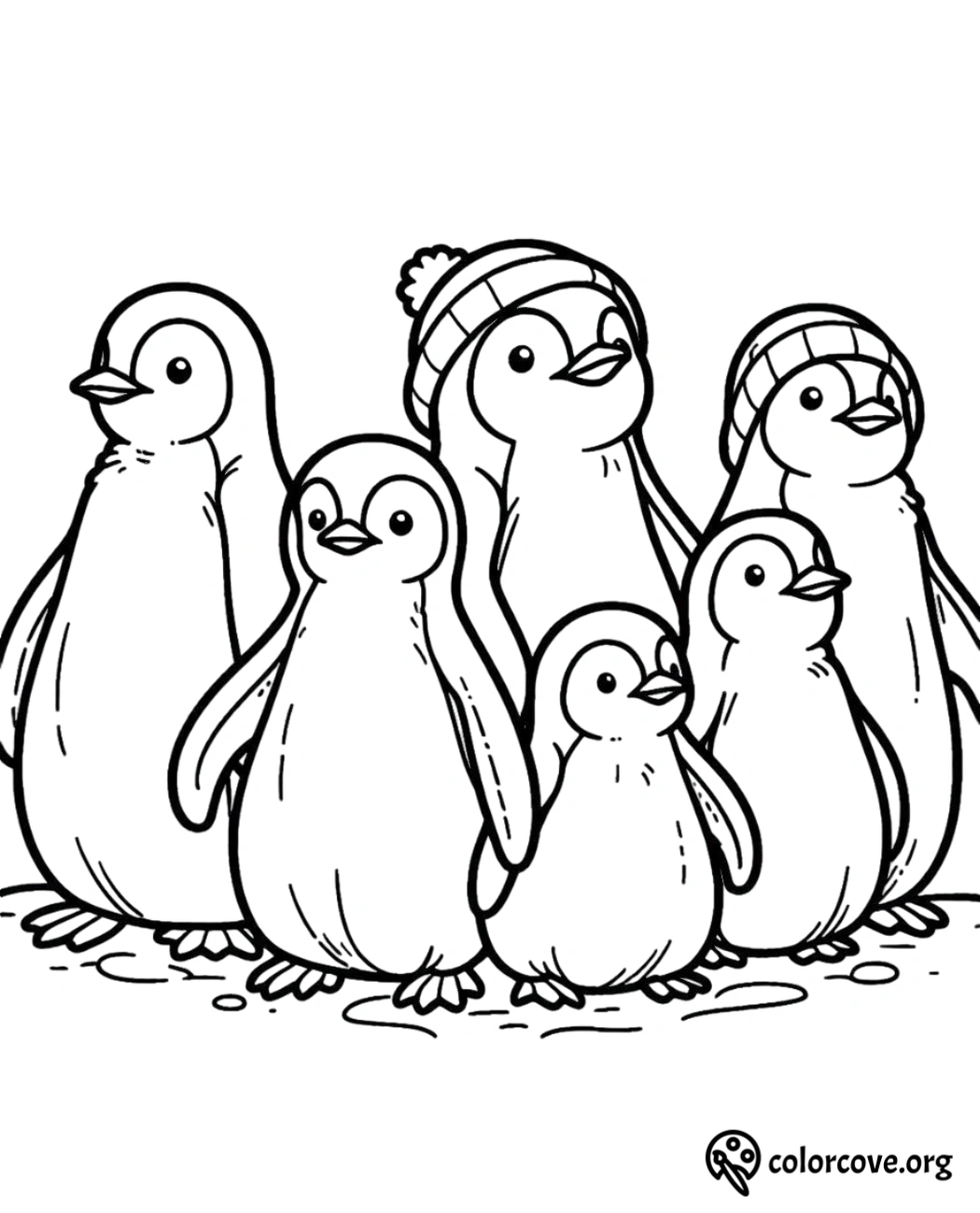 a group of penguins with hats