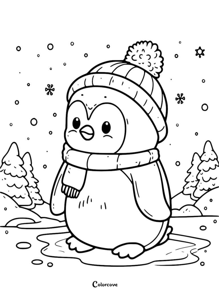 A cute penguin wearing a pom-pom beanie and scarf standing in the snow, coloring page style line art.
