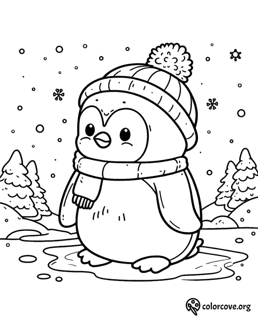 a cartoon of a penguin wearing a hat and scarf