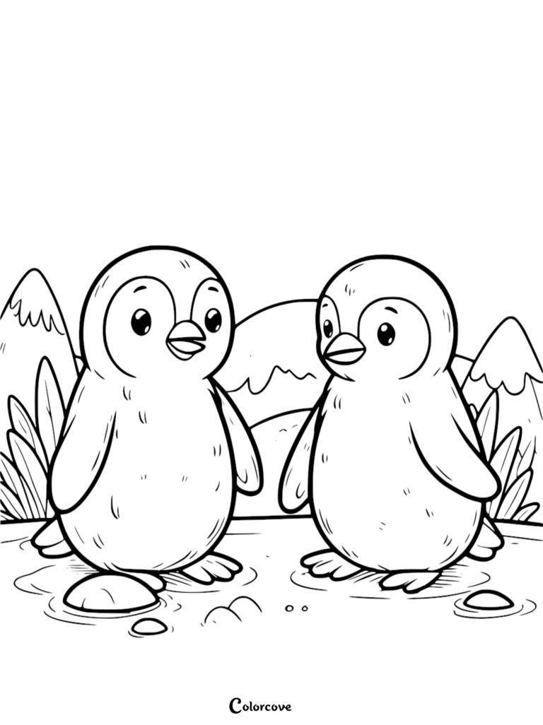 Two adorable baby penguins standing together in a snowy landscape with mountains in the background, a simple line art coloring page.