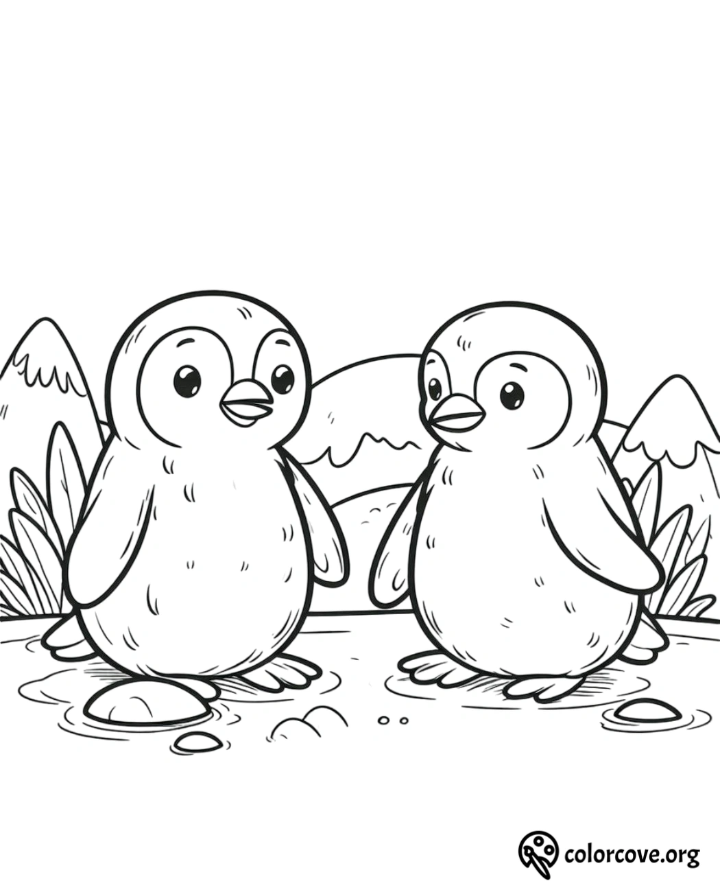 a black and white drawing of two penguins