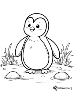 a black and white drawing of a penguin