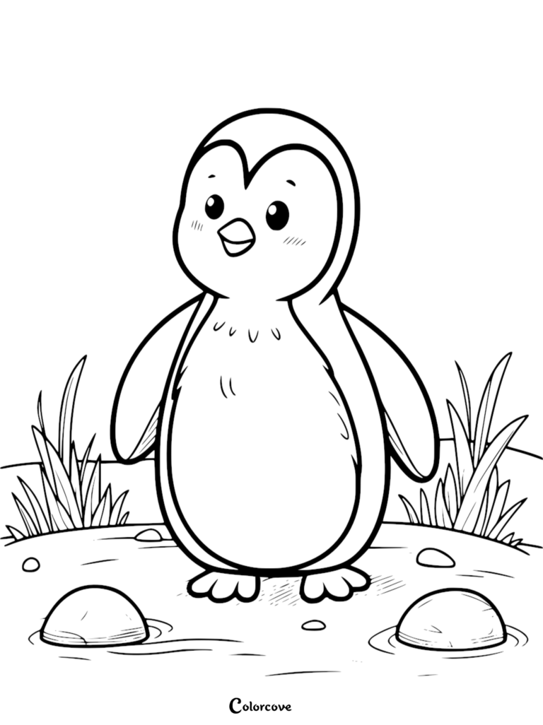 A cute baby penguin standing on a rocky shore with grass in the background, simple line art coloring page.