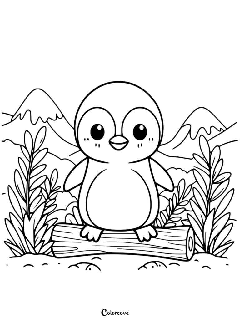 A cute cartoon penguin standing on a wooden log in front of snowy mountains, printable coloring page.