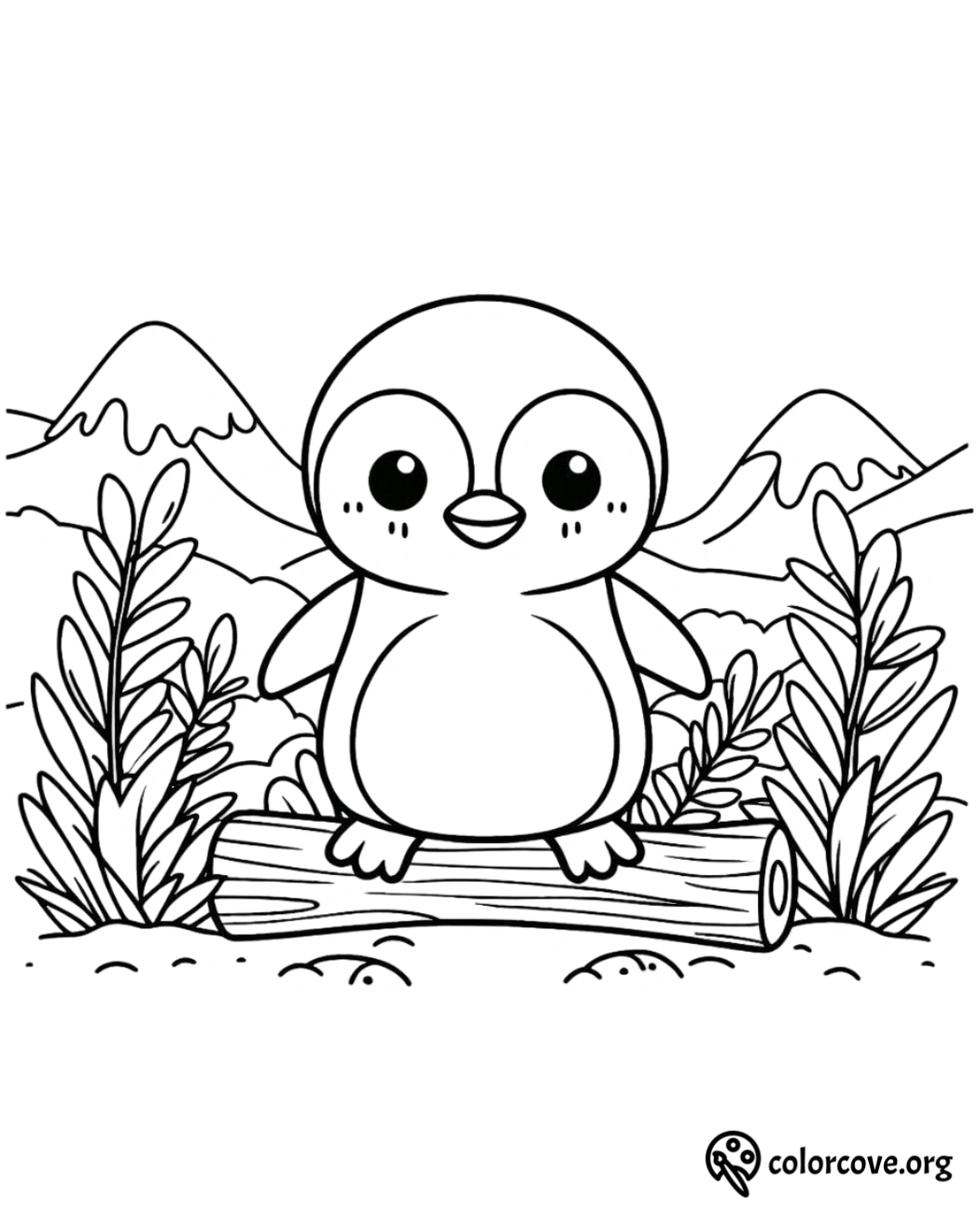 a black and white drawing of a penguin on a log