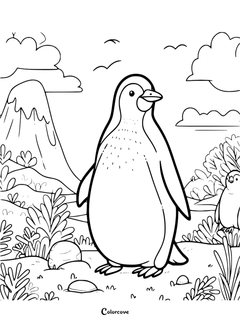 A friendly penguin standing in a grassy landscape with a mountain in the background, a coloring page for kids.