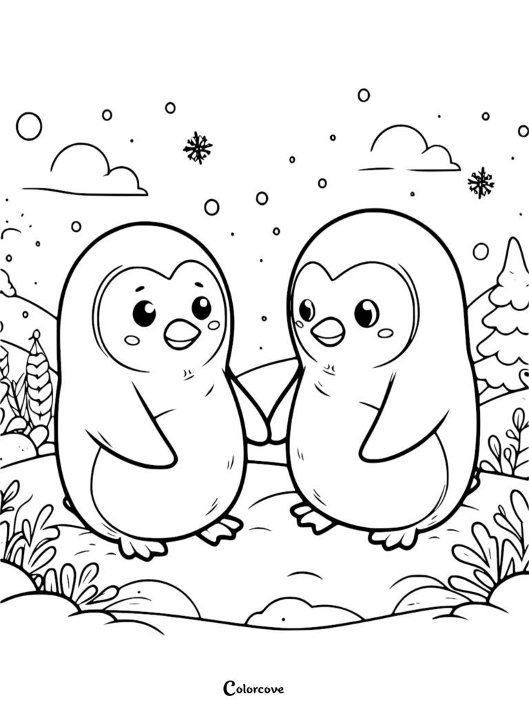 Two adorable penguins holding hands in a snowy landscape, a simple line art coloring page for kids.