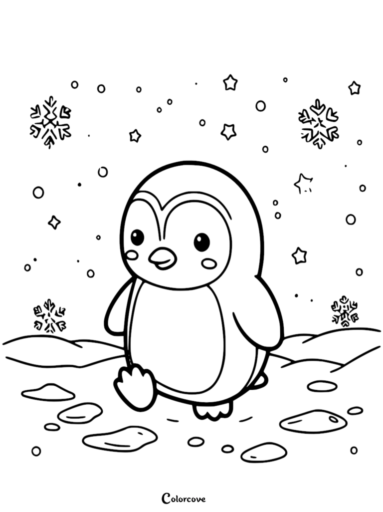 A cute cartoon penguin walking through a snowy landscape with snowflakes and stars in this printable coloring page.