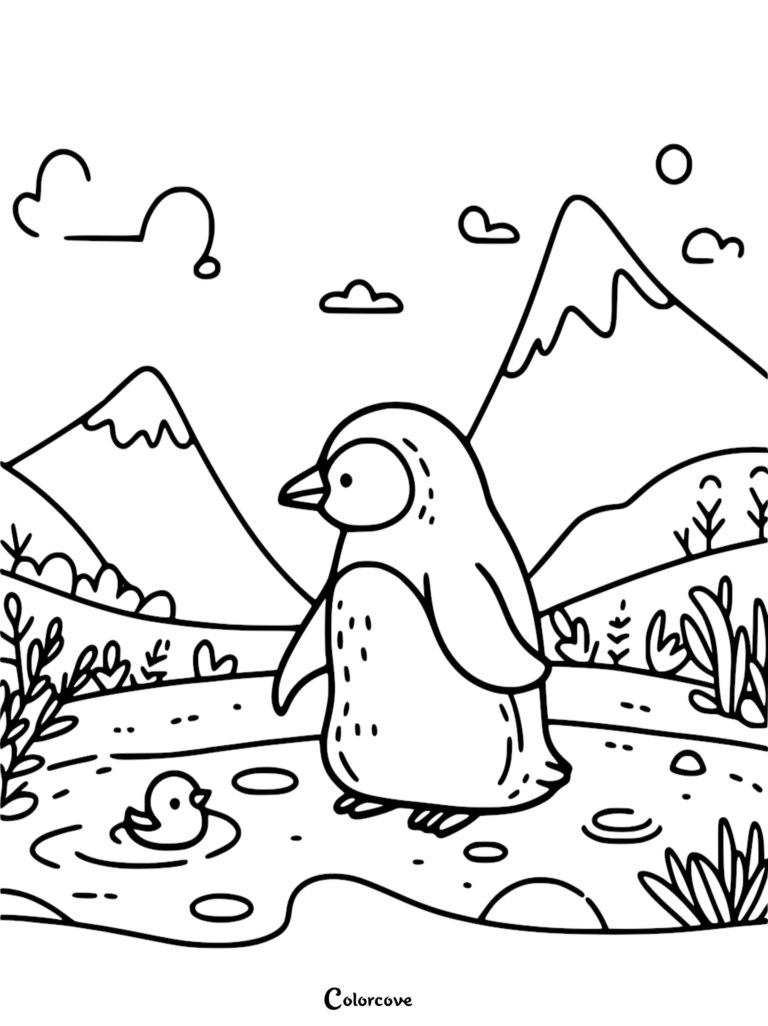 A simple coloring page featuring a cute penguin standing near a small pond with a duckling, set against a backdrop of snowy mountains and clouds.
