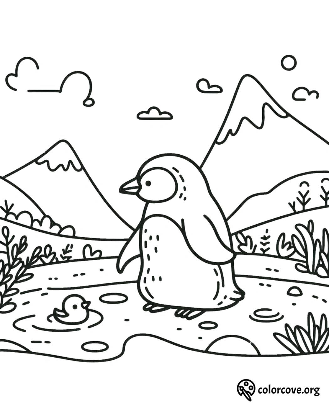 a penguin standing on a puddle with a duckling in the middle of a field