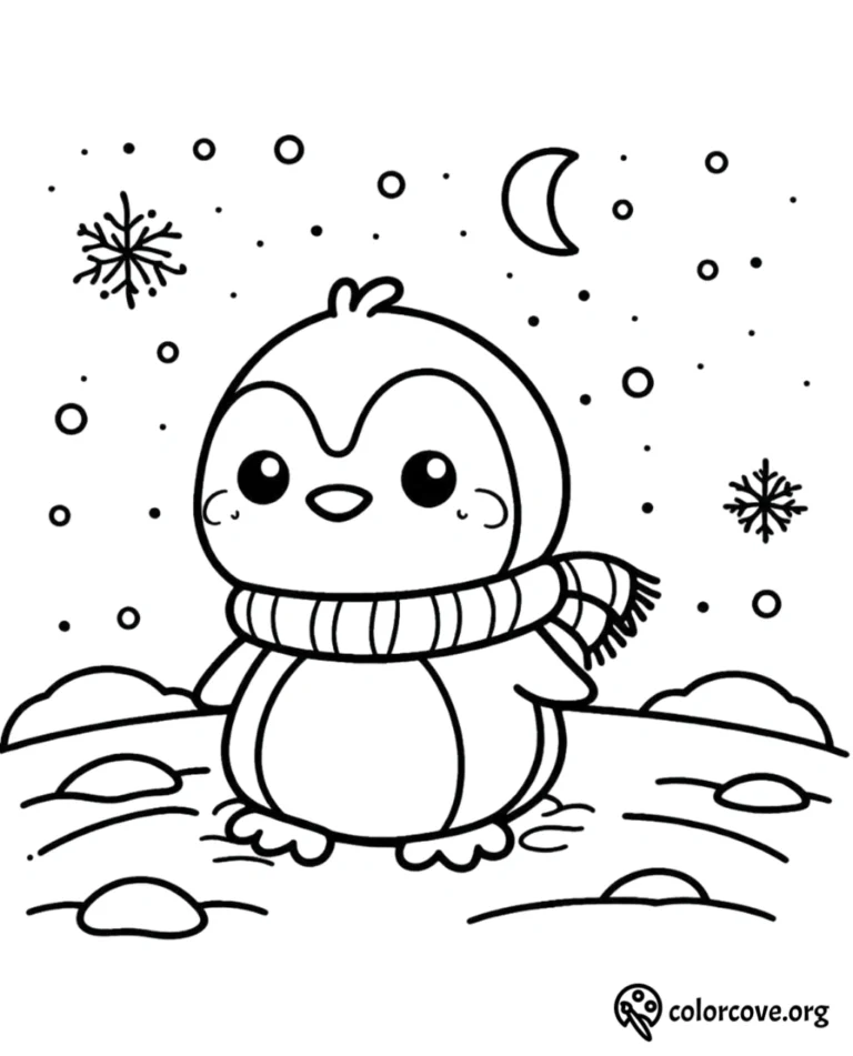 A cute baby penguin wearing a striped scarf standing in the snow under a crescent moon, printable coloring page.