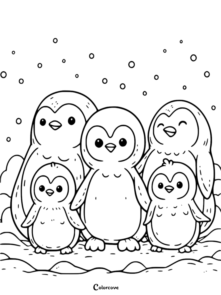 A group of five adorable penguins standing together in the snow, featuring two large adults and three small chicks in a winter coloring page.