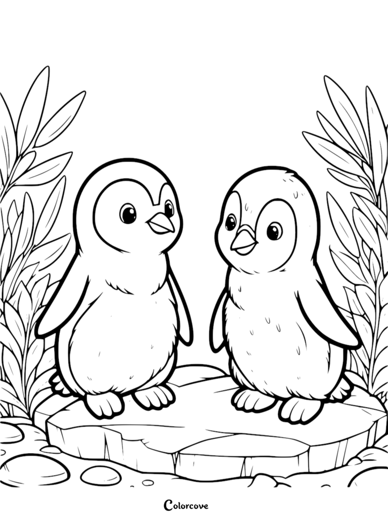 Two adorable baby penguins standing on an ice floe surrounded by tall reeds in this printable coloring page.